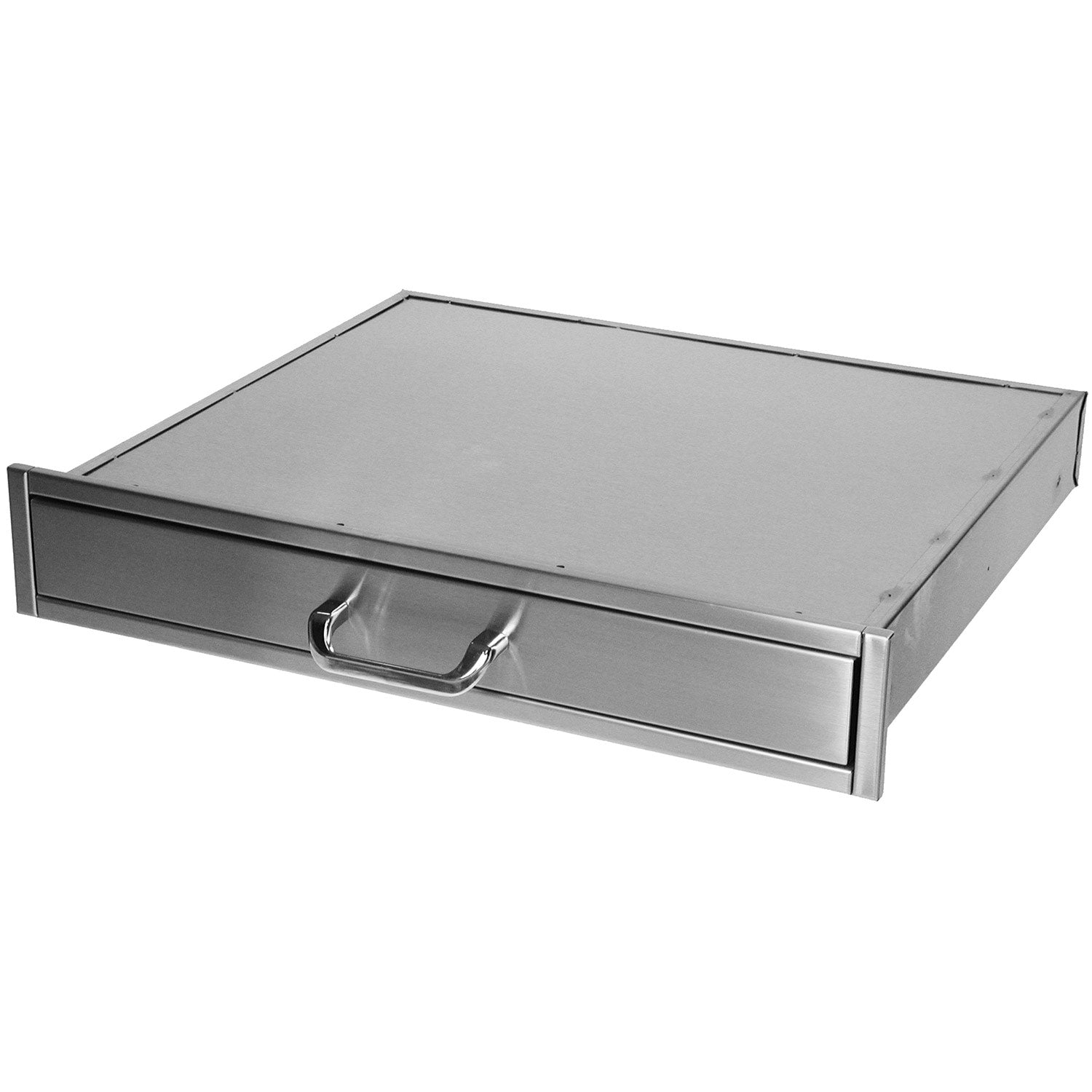 Metal utility drawer with pull handle and open front, light gray finish