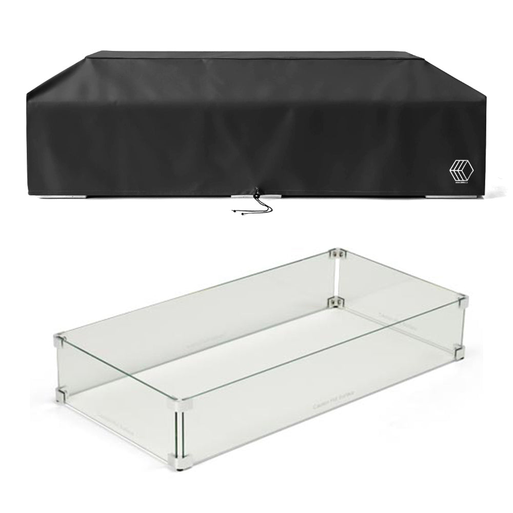 Linear glass wind guard with clear panels, metal frame, and black vinyl cover