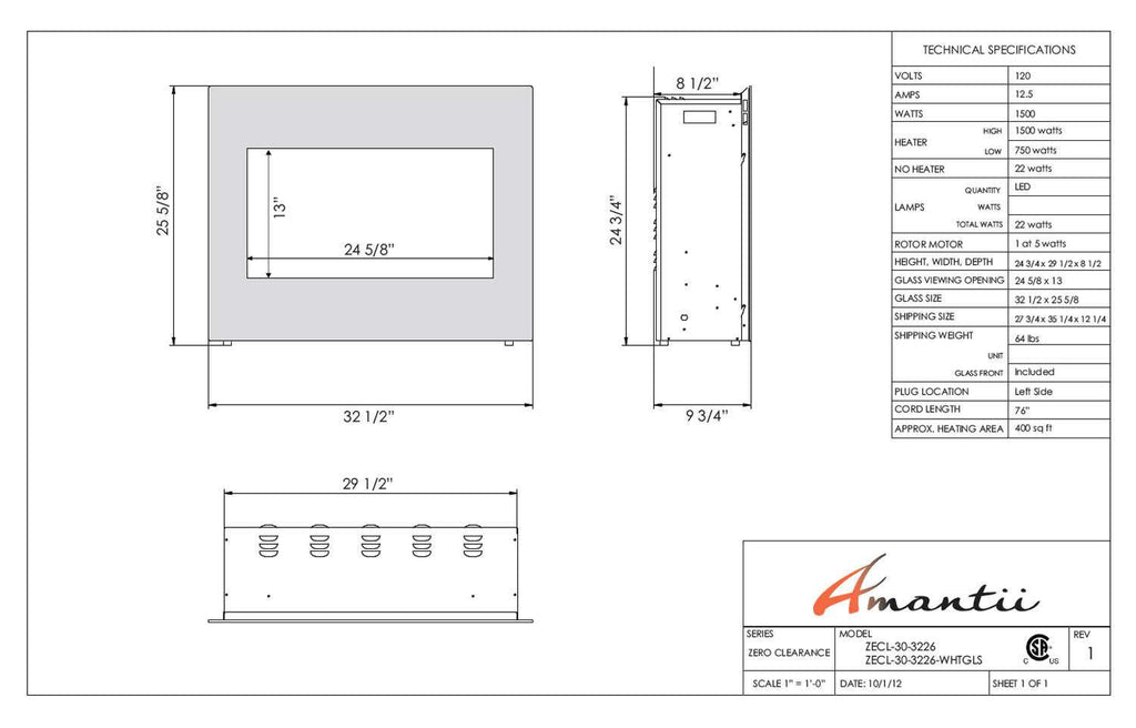 Electric fireplace dimension and technical specification diagram
