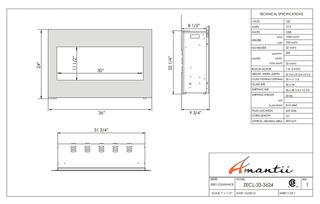 Technical diagram of built-in 33-inch electric fireplace, showing dimensions and Amantii label