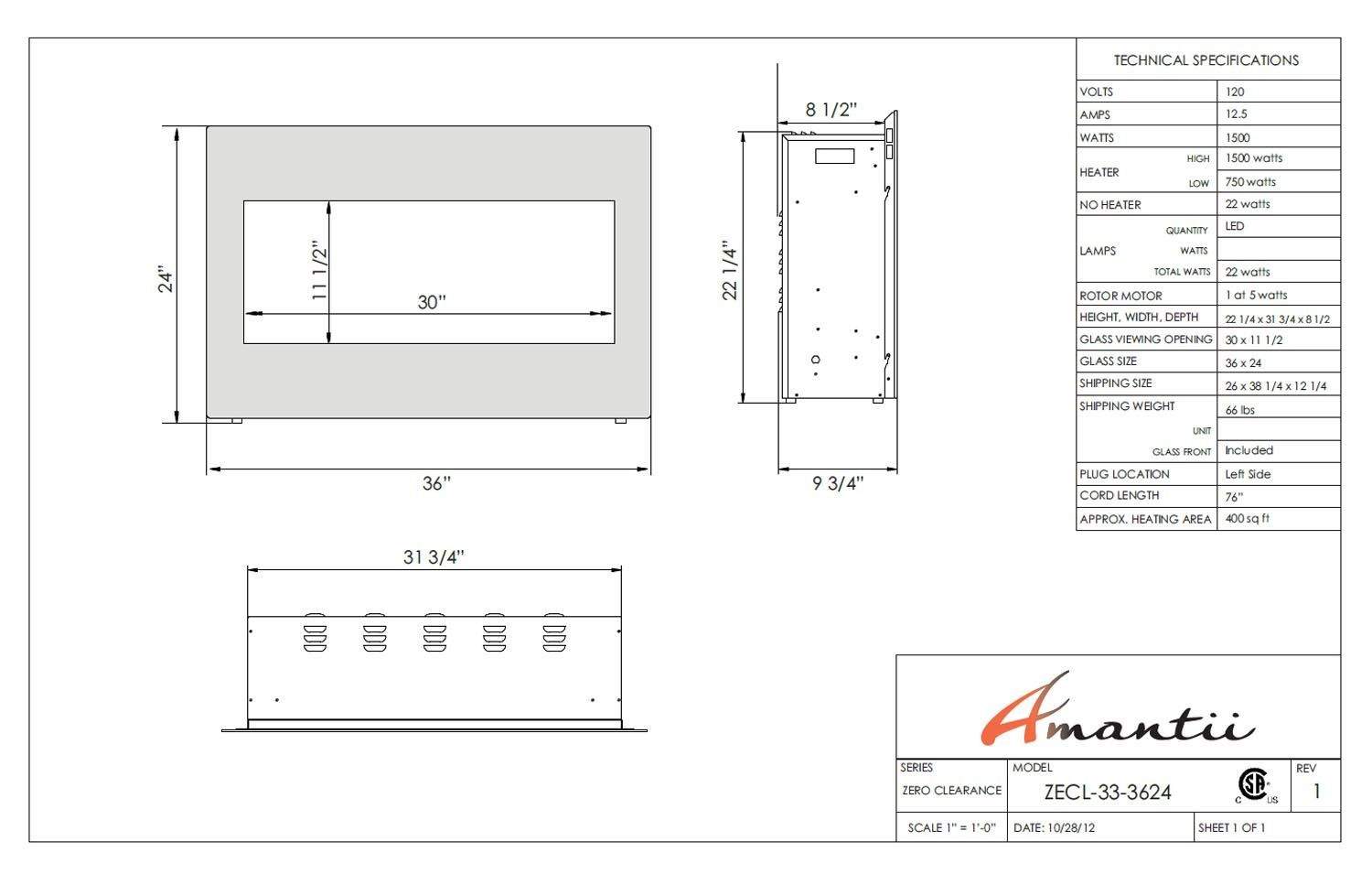 Technical diagram of built-in 33-inch electric fireplace, showing dimensions and Amantii label