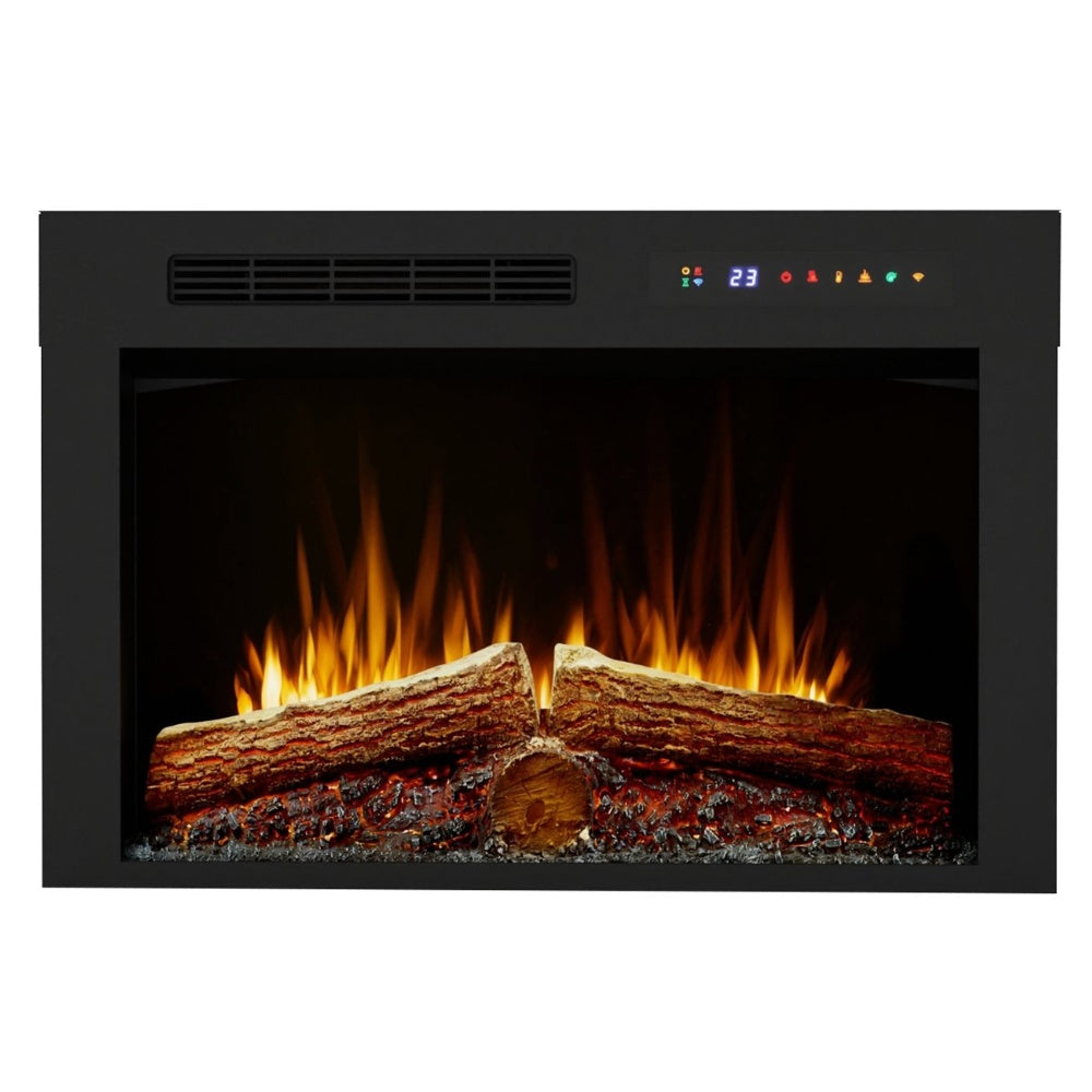 Black built-in electric firebox with flame log effect behind glass screen.