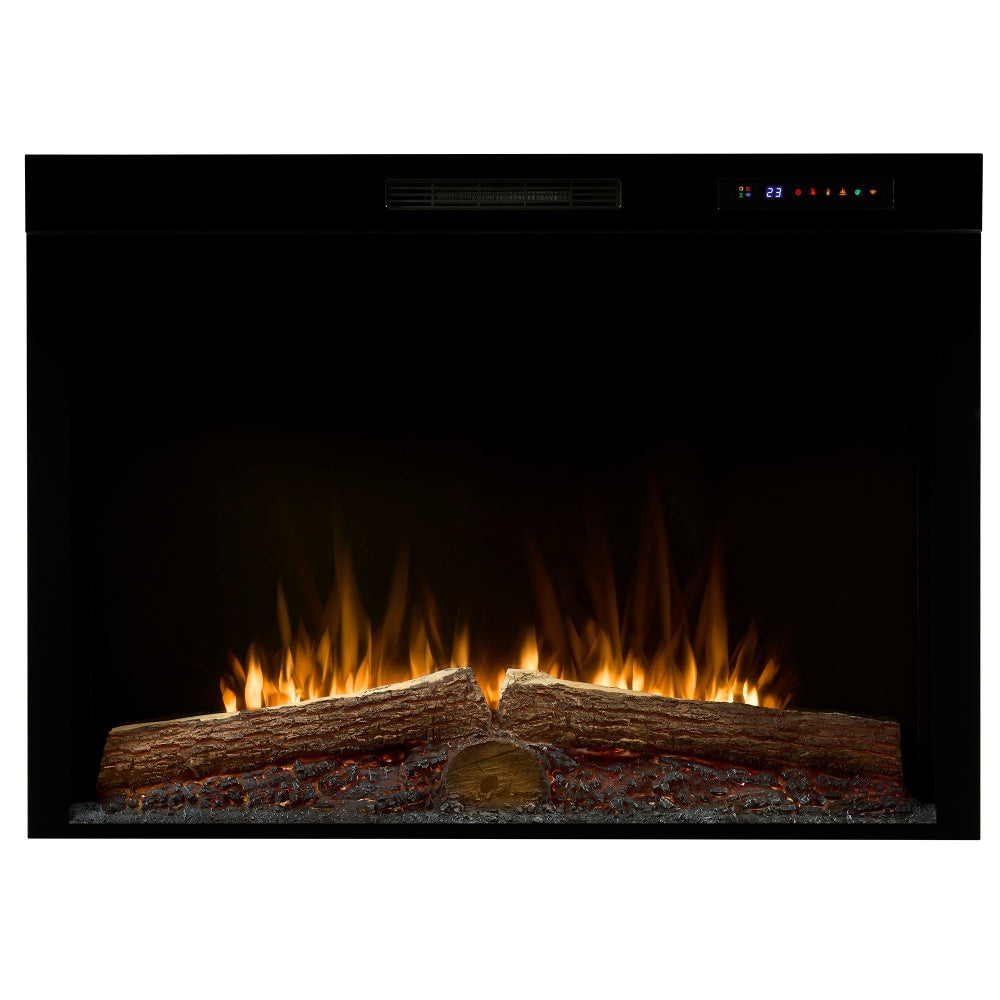 Built-in electric firebox with black frame and burning log effect flame screen.