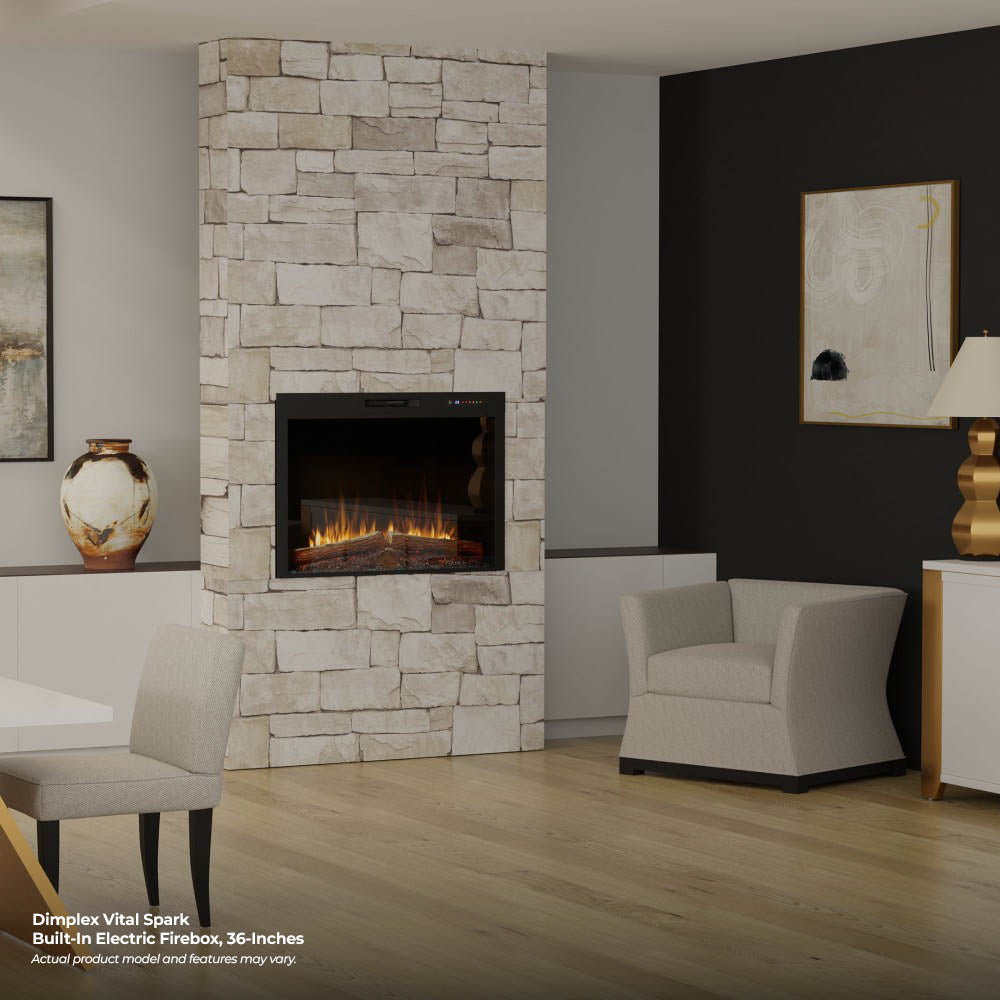 Built-in electric firebox in stone surround, showing orange flame log effect.