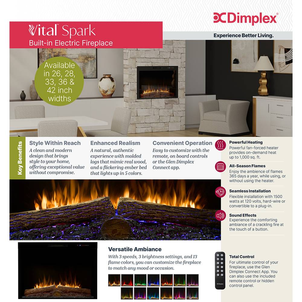 Dimplex Vital Spark built-in electric fireplace info panel with flame log image.