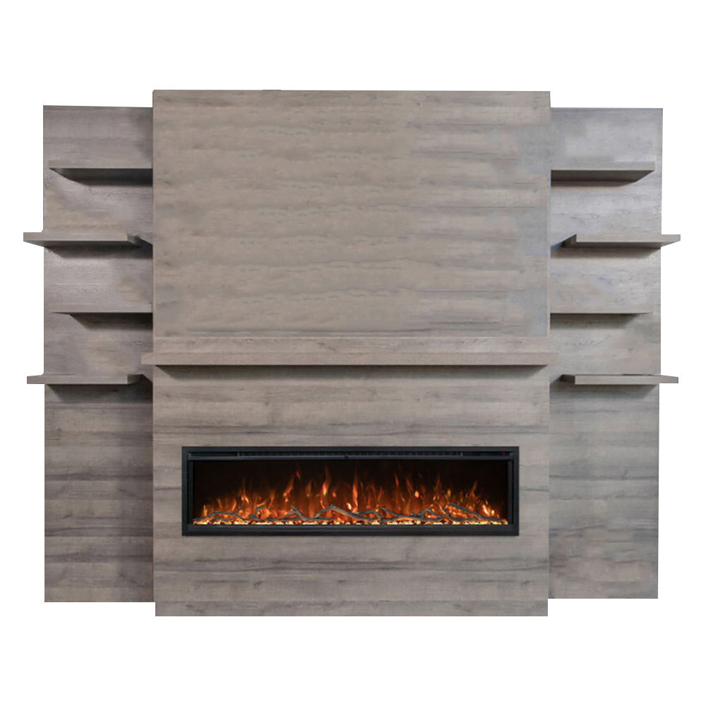 Linear electric fireplace wall system with stone-look surround and glass firebox