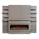 Linear electric fireplace wall system with stone-look surround and glass firebox