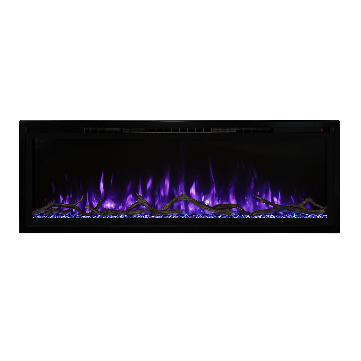 Modern Flames slimline electric fireplace, black wall-mounted unit with blue-purple flame display