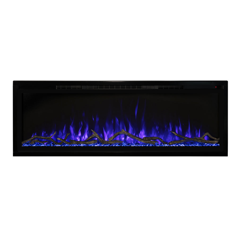 Black slimline electric fireplace with blue LED flames in a rectangular frame