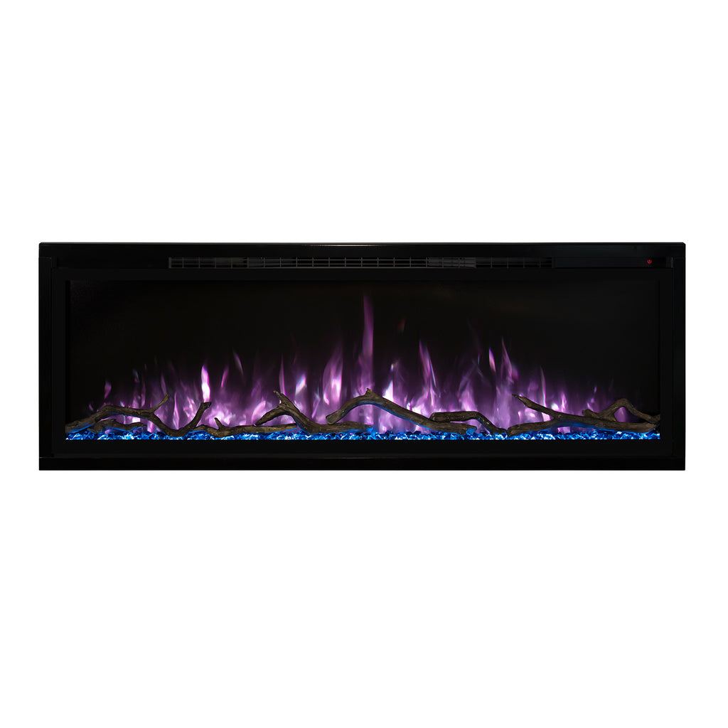 Modern Flames slimline electric fireplace, black wall-mounted unit with purple flame display