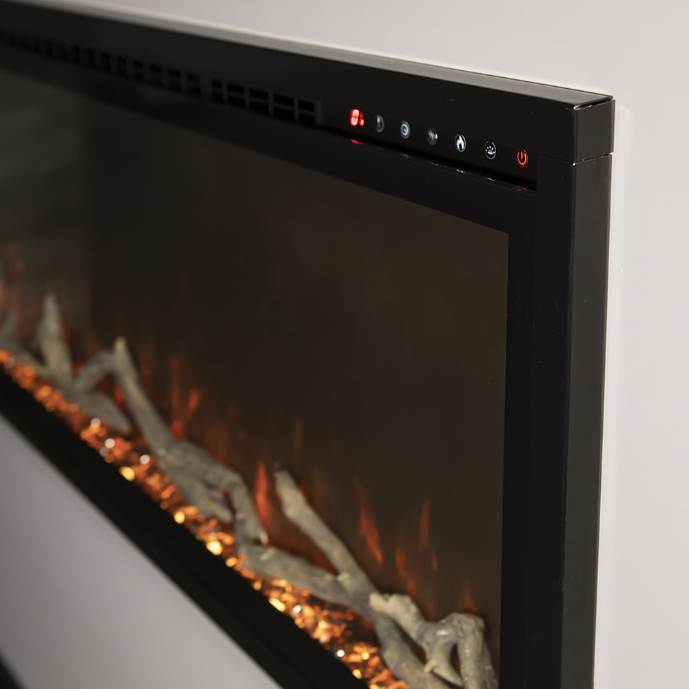 Modern Flames slimline electric fireplace control panel on black frame with button icons