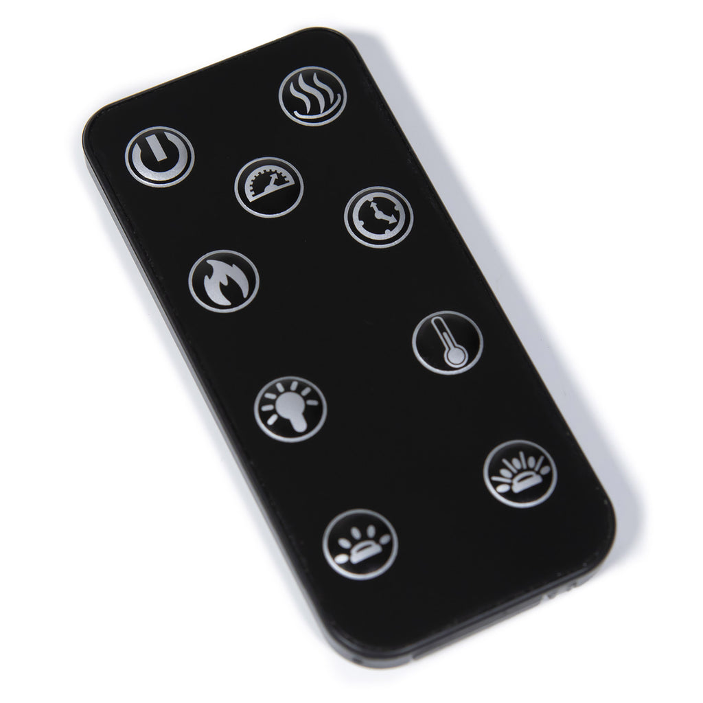 Black remote control for electric fireplace with circular function icons