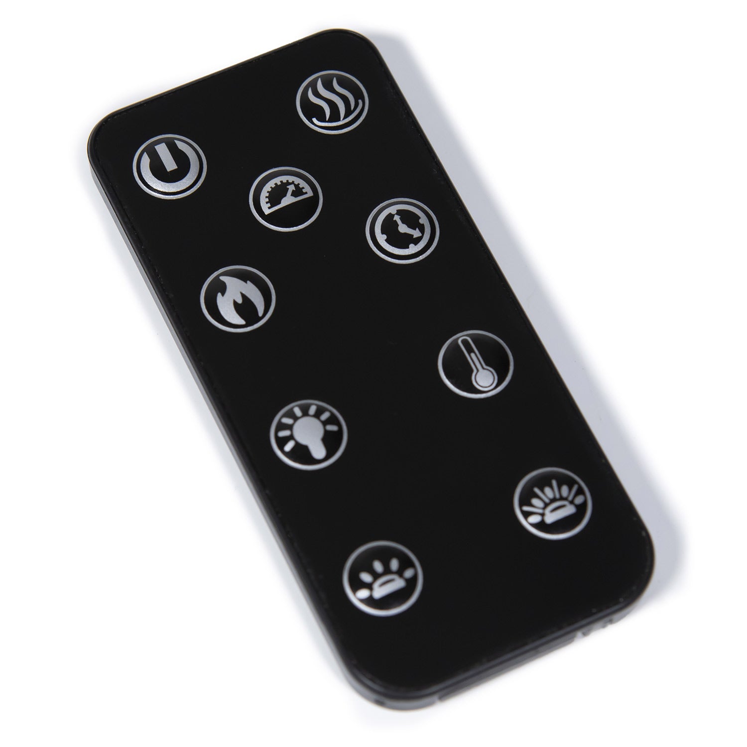 Black remote control for electric fireplace with circular function icons