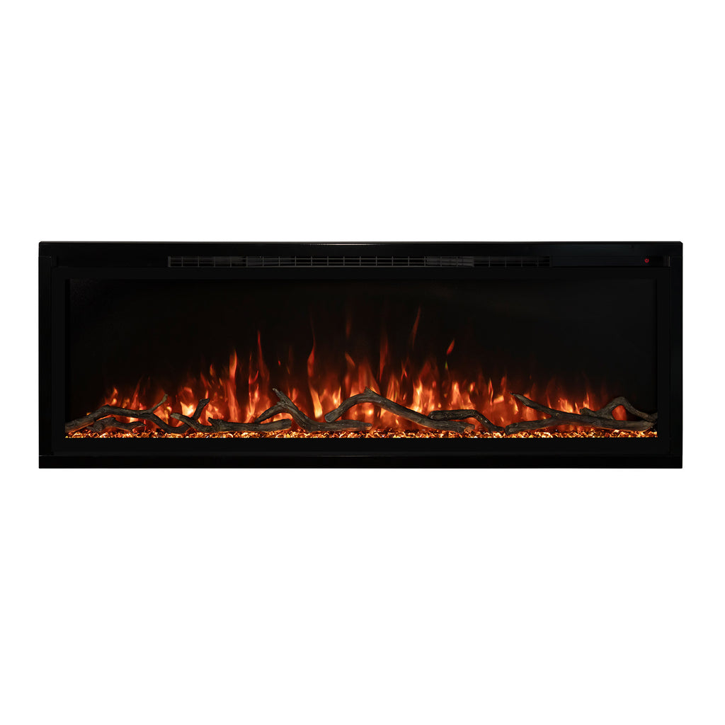 Modern Flames slimline electric fireplace, black wall-mounted unit with warm flame glow