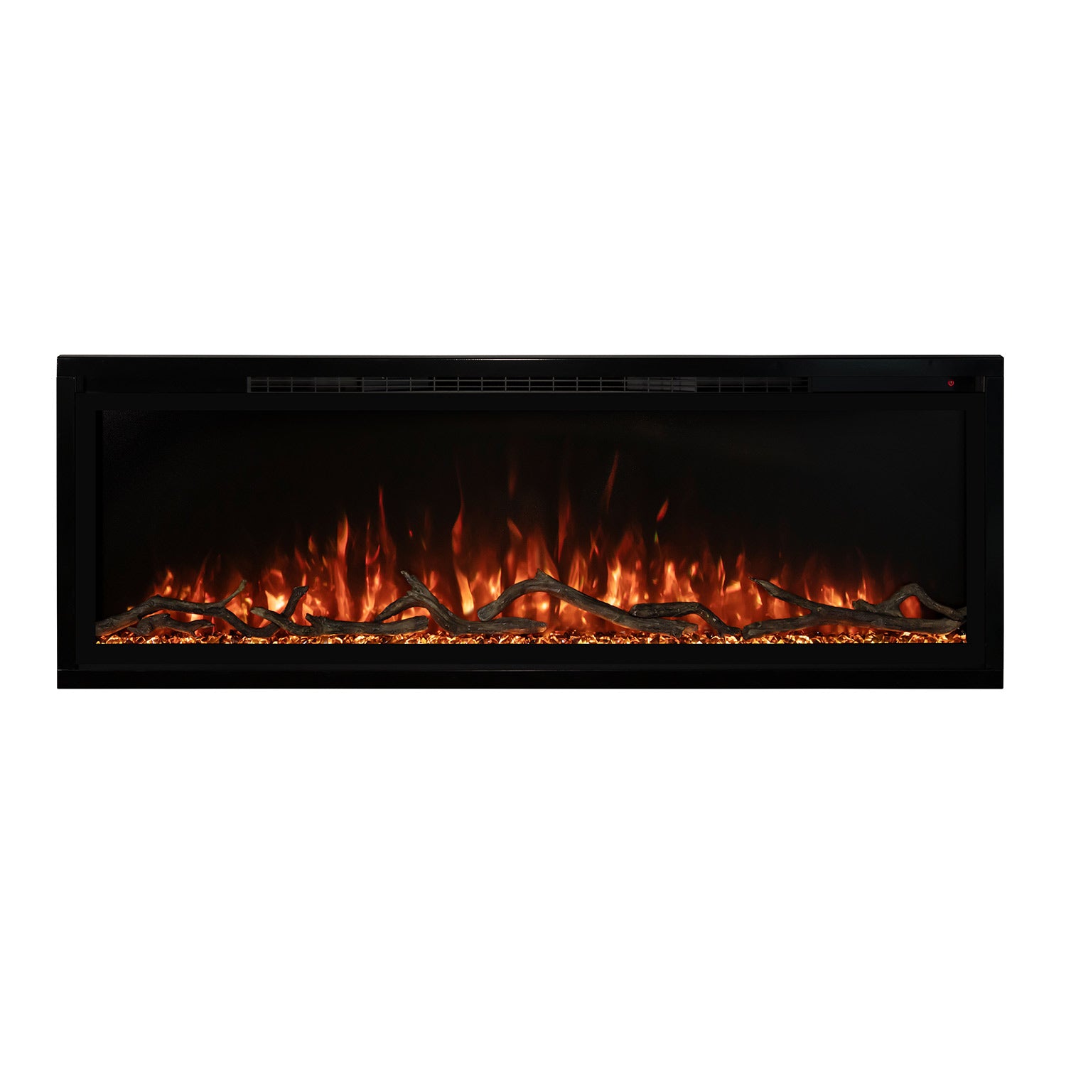 Modern Flames slimline electric fireplace, black wall-mounted unit with warm flame glow
