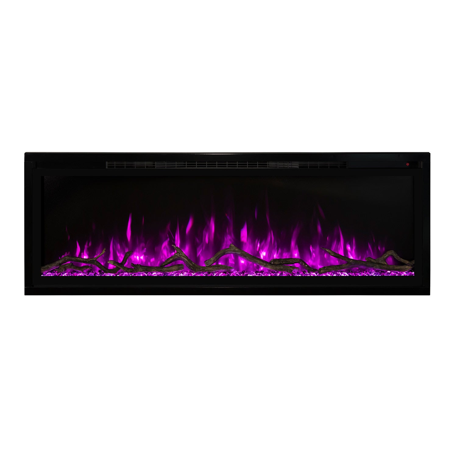 Modern Flames slimline electric fireplace, black wall-mounted unit with magenta flame display