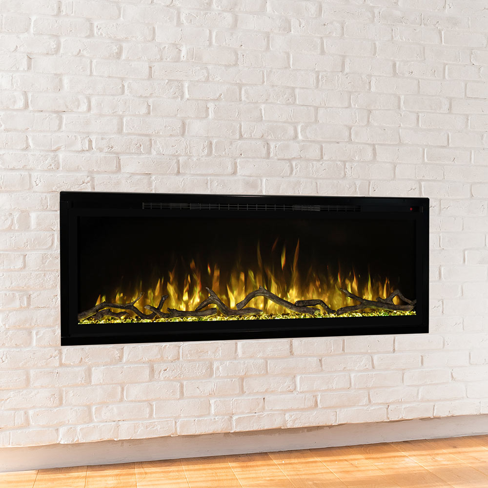 Modern Flames slimline electric fireplace, black wall-mounted unit with yellow flame display