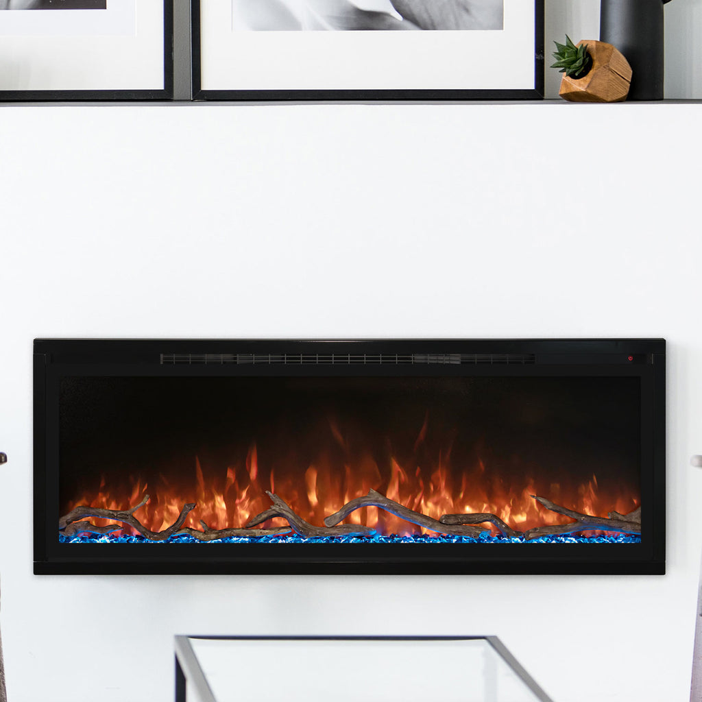 Modern Flames slimline electric fireplace, black wall-mounted unit with orange flame display