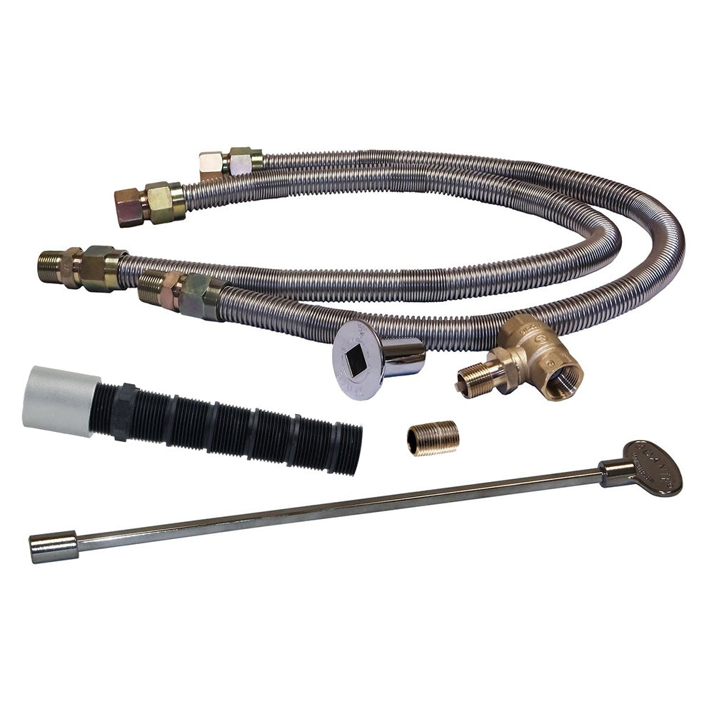 Fire pit installation kit with braided flex gas line, fittings, valve, and connector