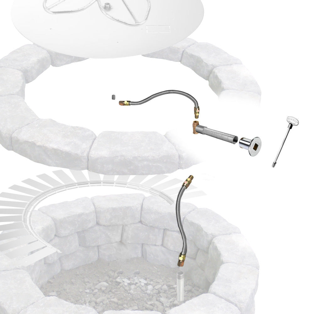 Fire pit gas line with valve and fittings, shown near stone ring