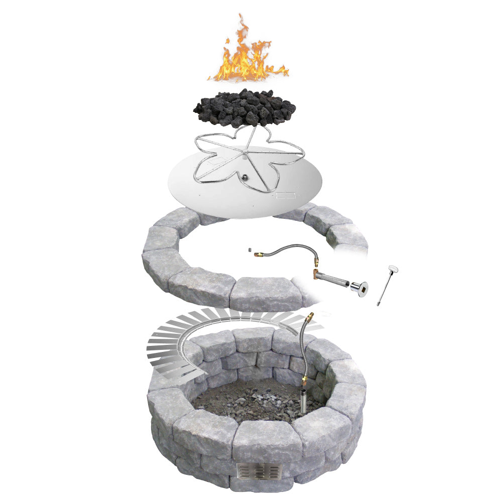 Fire pit installation kit parts with flex hose and valve around stone fire bowl