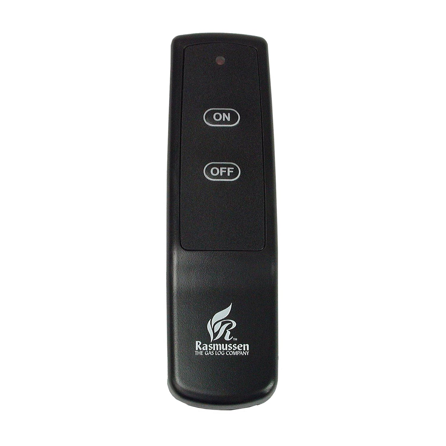 Wireless fireplace remote control, black with ON and OFF buttons and Rasmussen logo