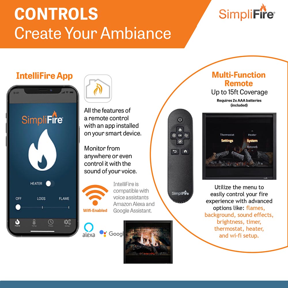 Marketing graphic showing SimpliFire multi-function remote with app and settings