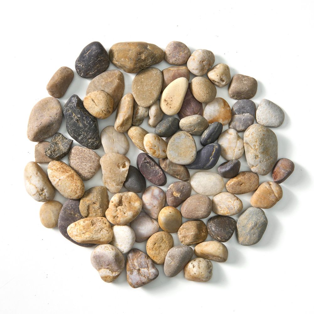 Mixed small river rocks in gray, tan, white, and dark blue tones