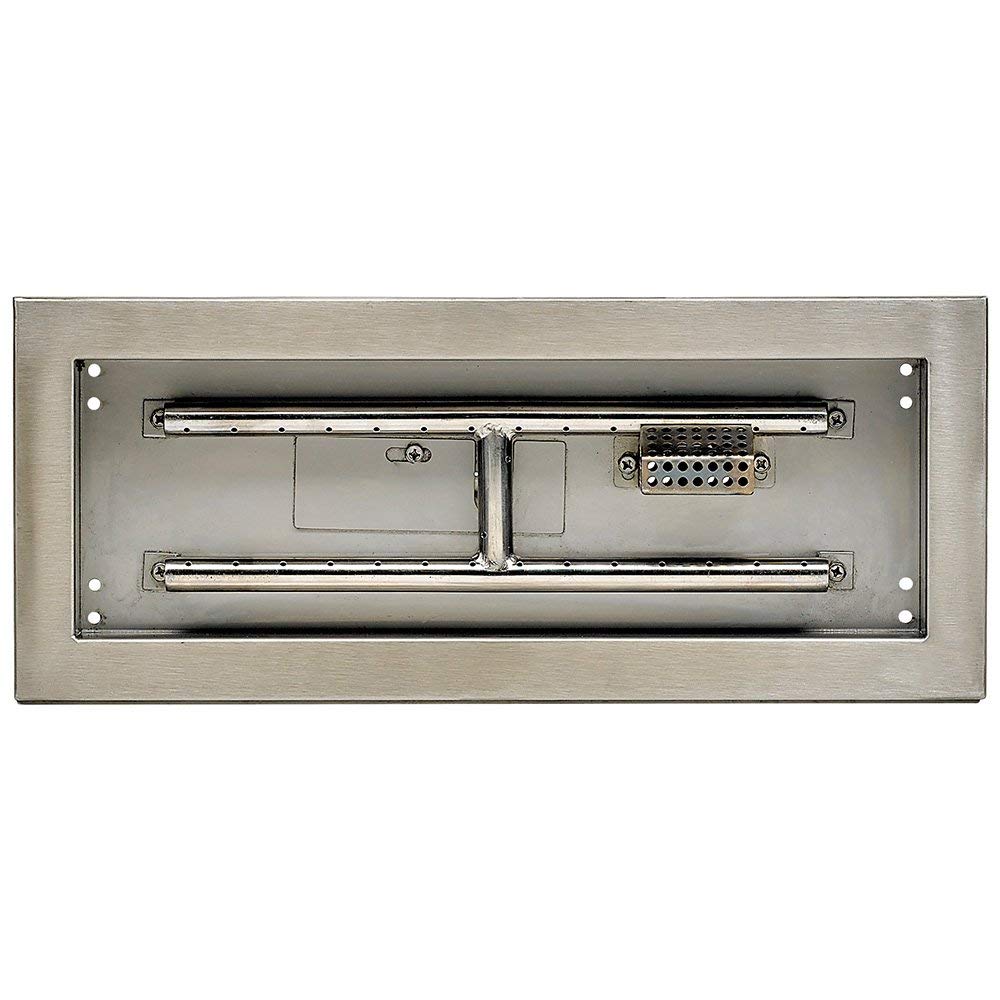 Rectangular fire pit burner tray with two gas tubes and spark igniter plate