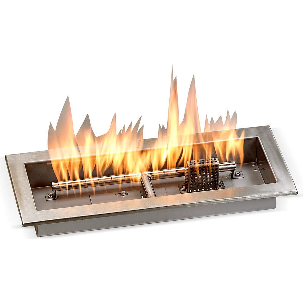 Rectangular fire pit with visible flames over spark ignition burner