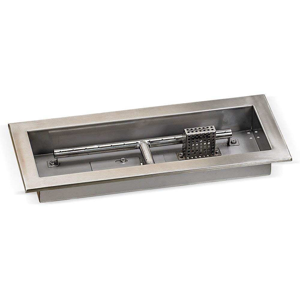 Rectangular fire pit burner tray with spark ignition bars and control components