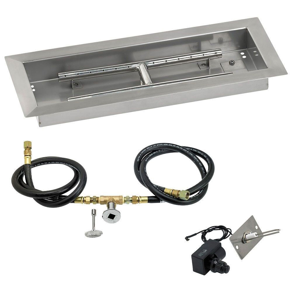 Rectangular fire pit pan with spark ignition kit, including hoses, valve fittings, and igniter