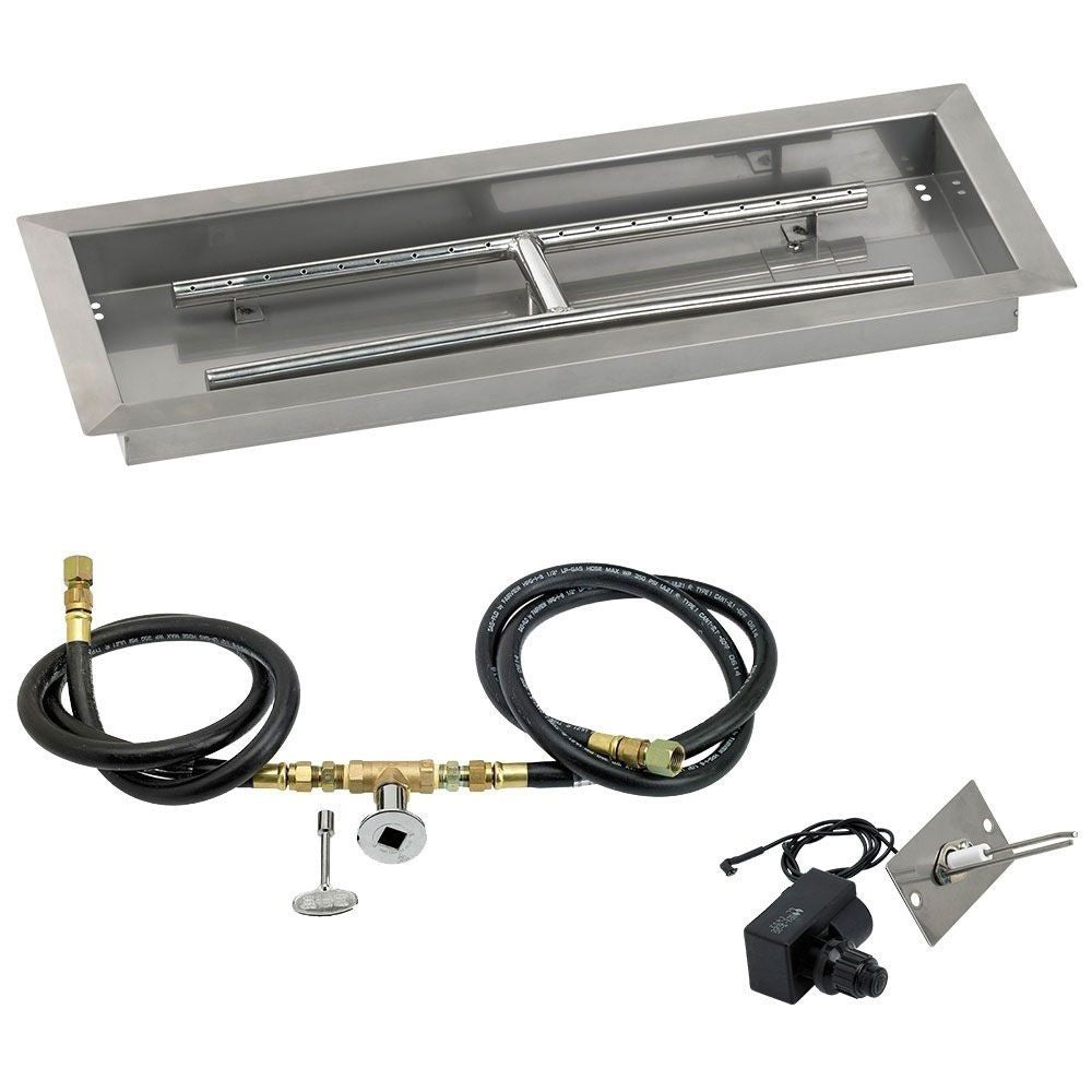 Rectangular gas fire pit pan with spark ignition components: hoses, valves, and igniter module