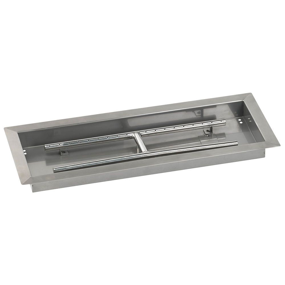 Rectangular gas fire pit pan with built-in burner assembly and spark ignition module