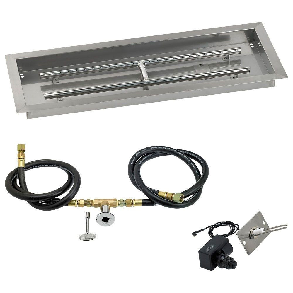 Rectangular fire pit pan kit with spark igniter hoses, valve fittings, and power adapter