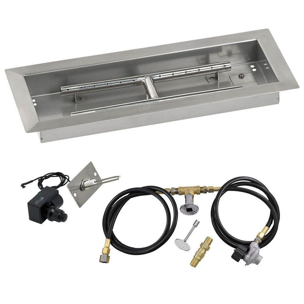Rectangular stainless steel fire pit burner pan with ignition module and gas hoses
