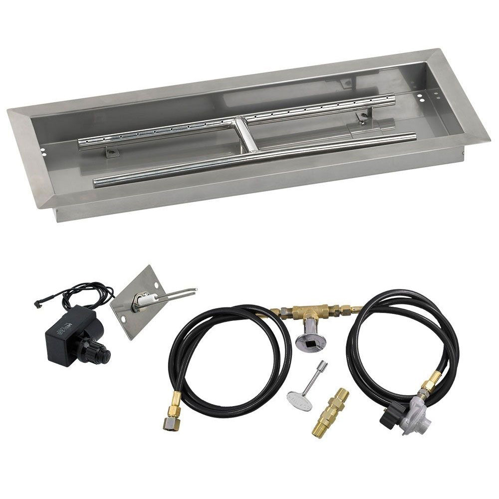 Rectangular gas fire pit pan kit with spark igniter, hoses, valves, and power adapter
