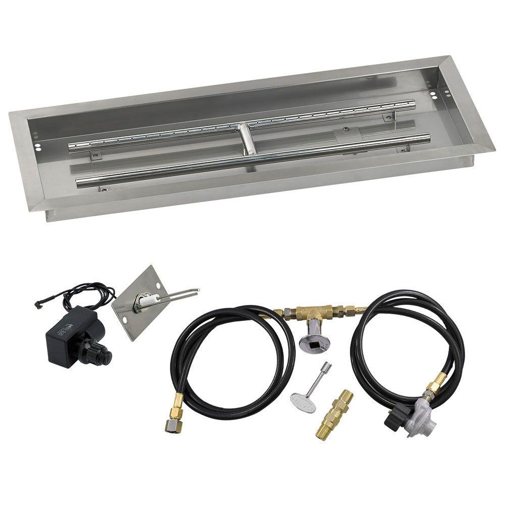 Rectangular stainless steel burner pan with ignition parts and connected gas lines