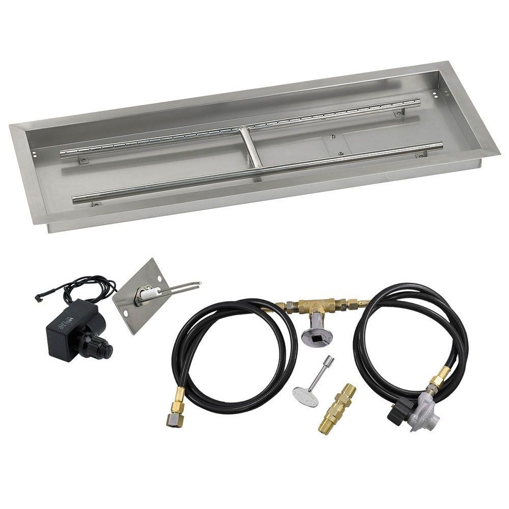 Rectangular stainless steel burner pan with ignition components and two black gas hoses