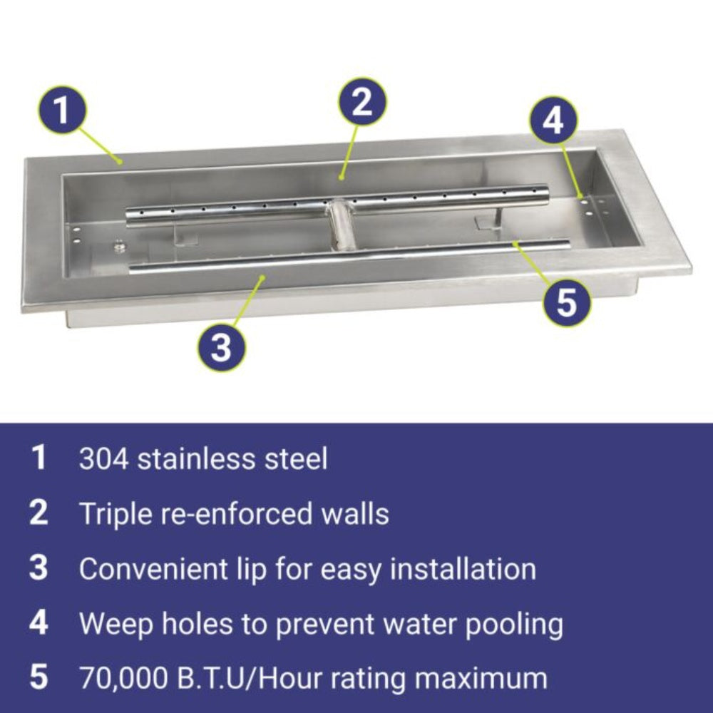 American Fire Products Rectangular Stainless Steel Drop-In Pan Fire Pit Kit with Spark Ignition