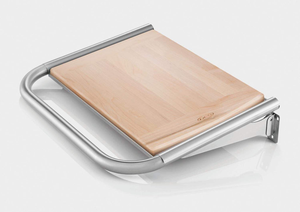 Bamboo cutting board side shelf insert mounted on a metal support frame.