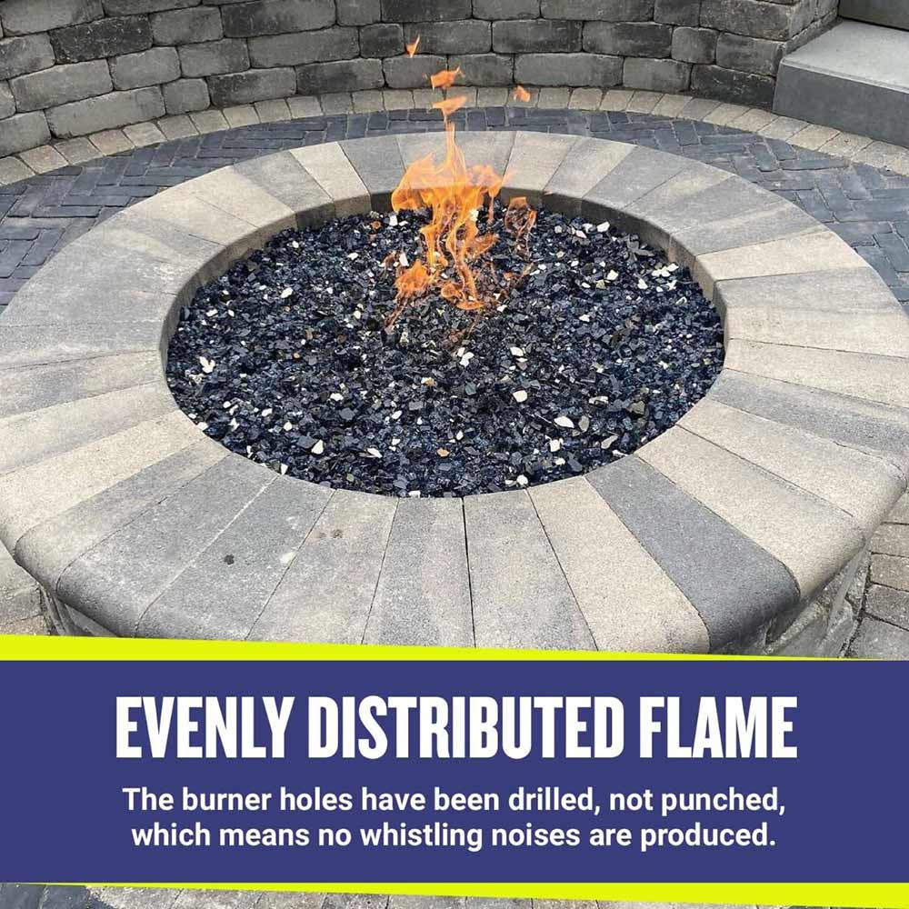 Round fire pit burner with blue fire glass and small flames centered