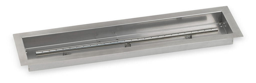 Linear fire pit burner pan with built-in gas burner, stainless steel look
