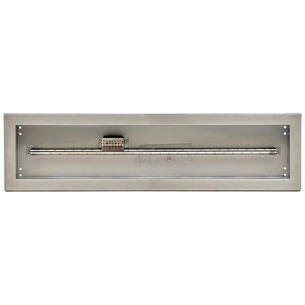 Rectangular linear fire pit burner pan insert with burner tube and front vented grille, silver.