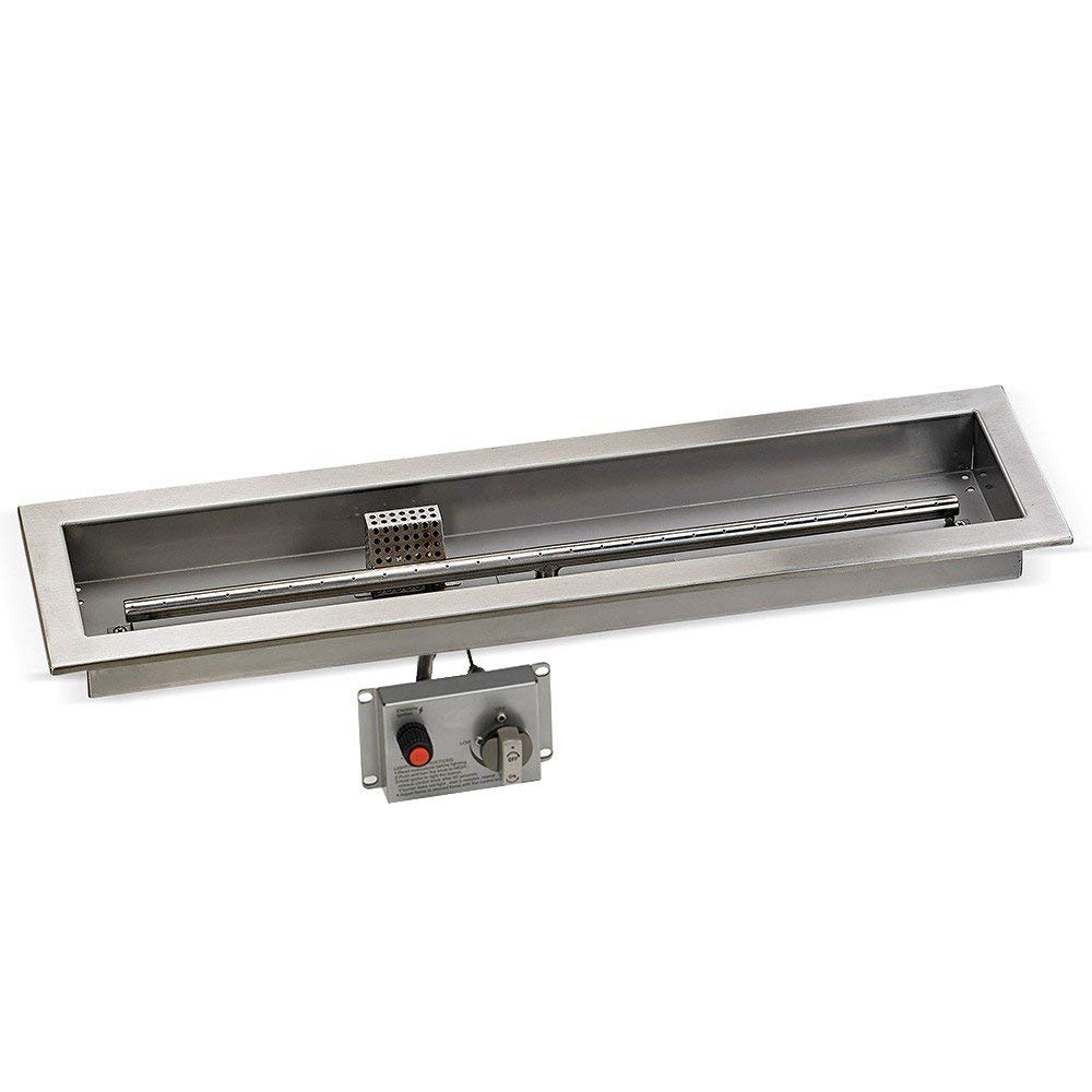 Linear fire pit burner pan with metal enclosure and spark ignition control box, silver finish.