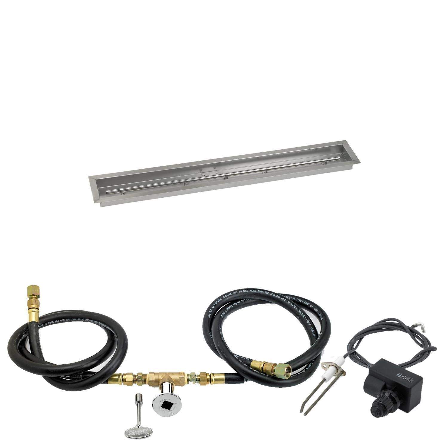 Gas fire pit ignition kit with trough pan, hoses, and push-button spark igniter
