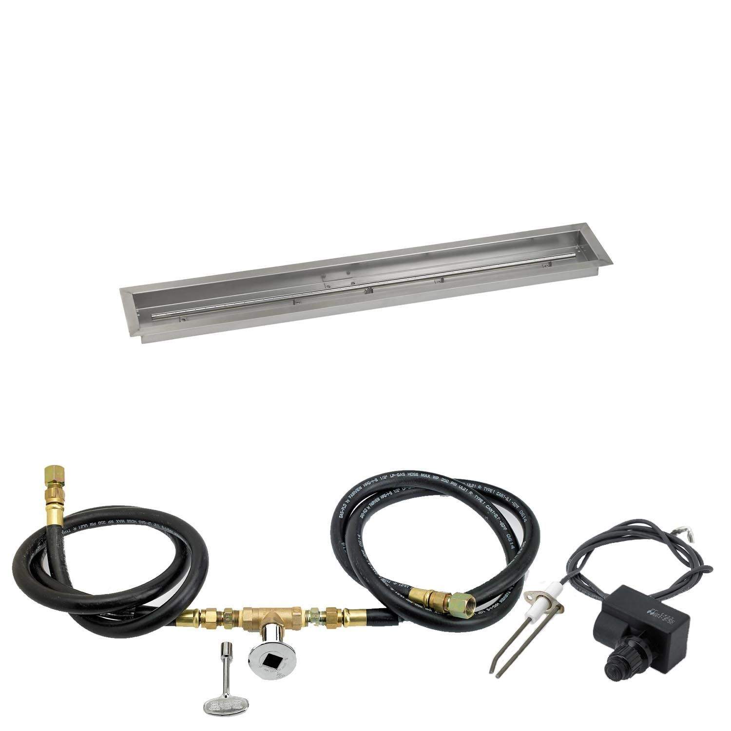 Gas fire pit ignition kit with trough pan and connected hose assembly
