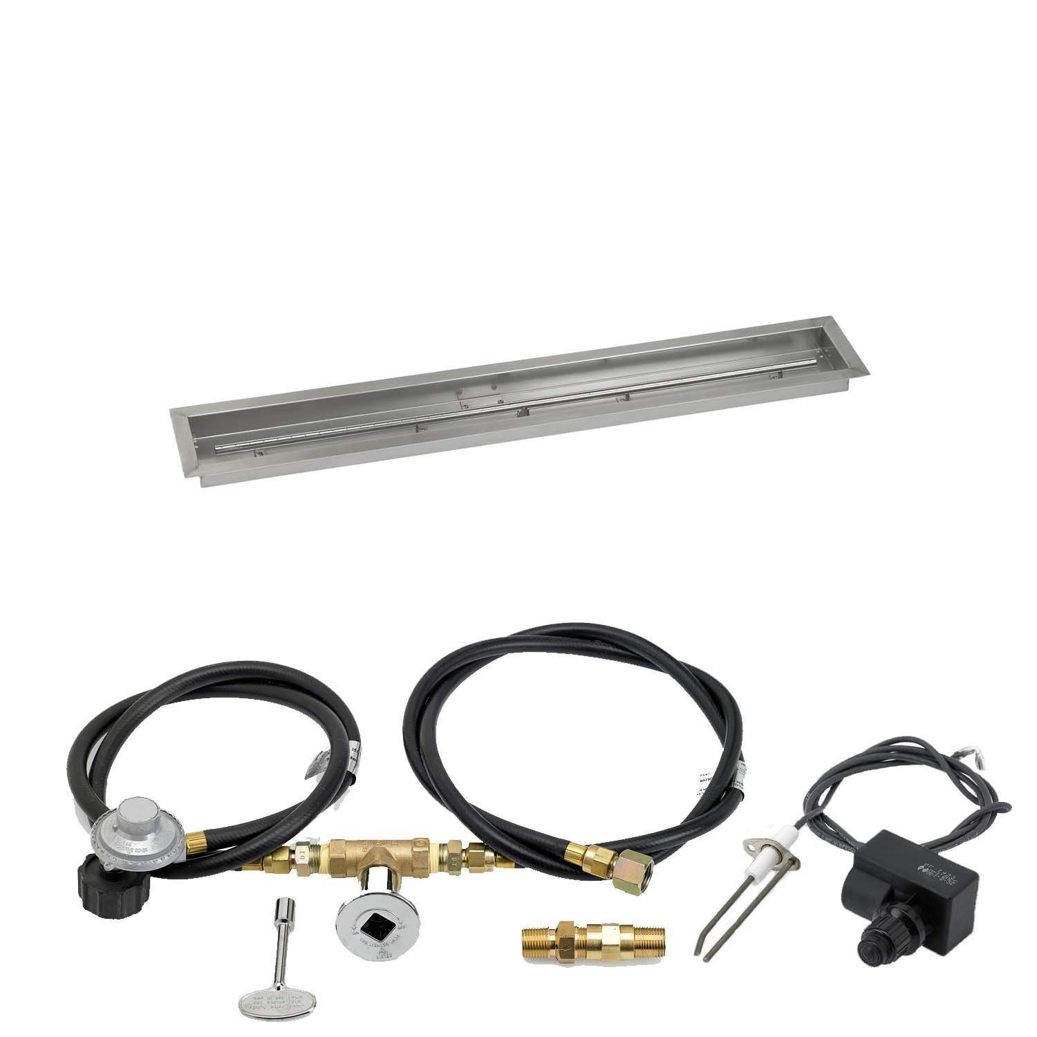 Gas fire pit ignition kit with stainless trough pan, burner valve, and ignition leads