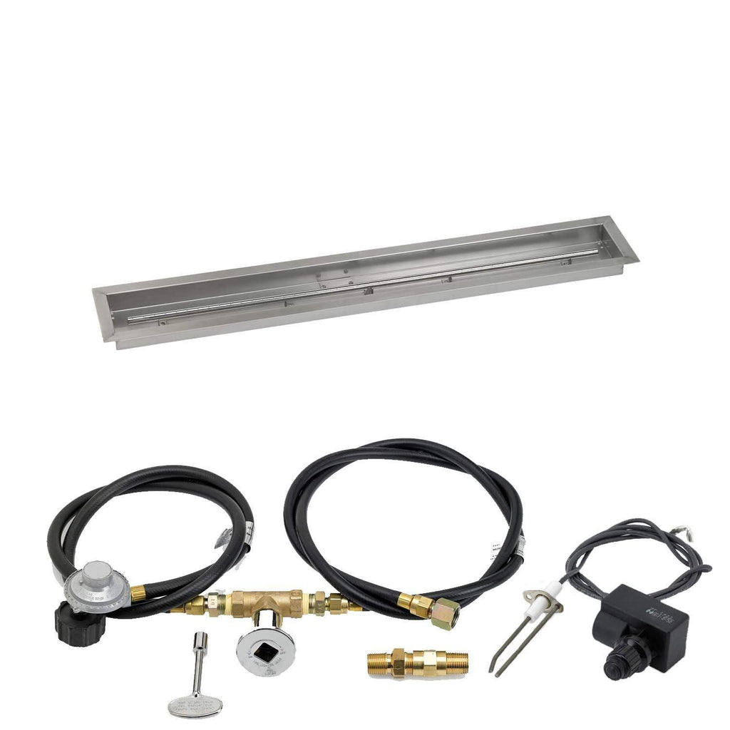 Gas fire pit ignition kit with stainless trough pan and control module with spark leads
