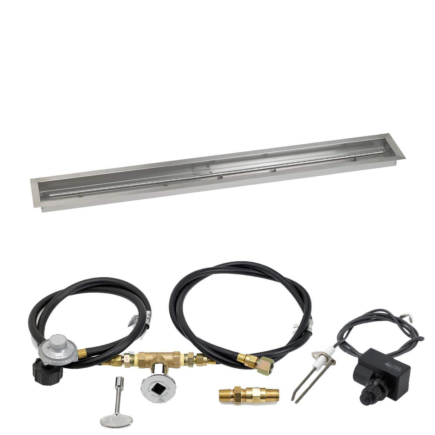 Gas fire pit ignition kit with stainless trough pan, regulator, and spark ignition parts